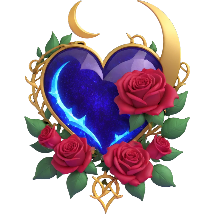 gothic heart made of deep purple glass with gold crescent moon, dark red roses, sparkling stardust, electric blue lightning, wet look, shattered glass texture emoji
