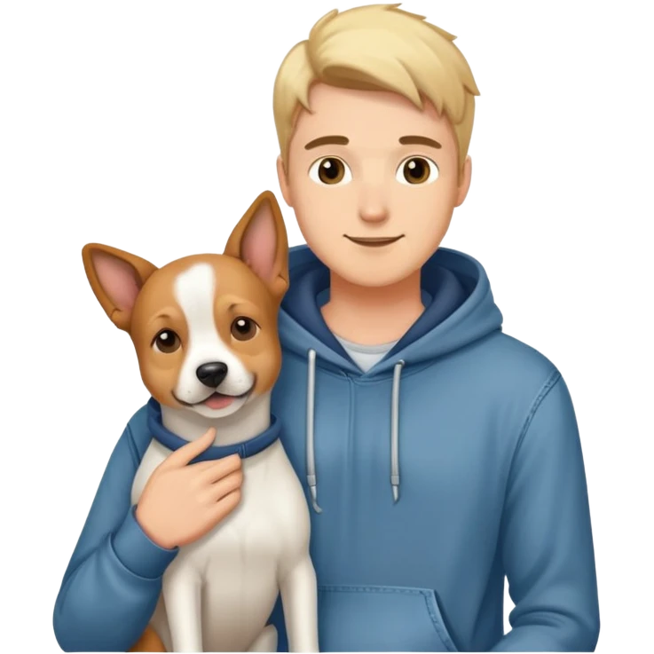 pretty handsome dog lover boyfriend with soft smile, wearing hoodie and jeans, one dog   emoji