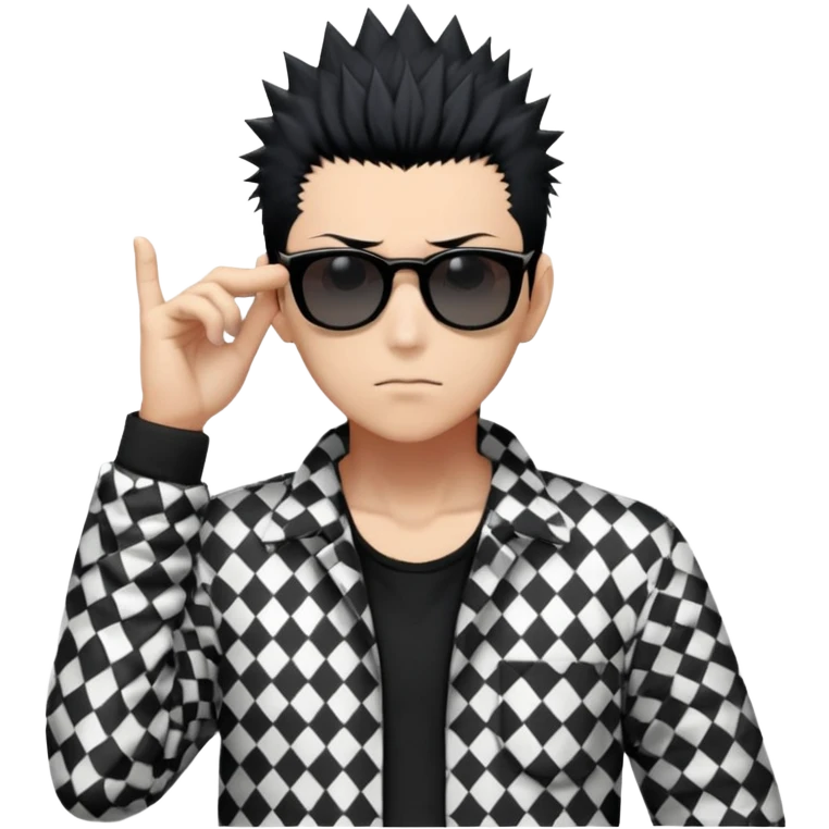 Satoru Gojo from Jujutsu Kaisen with spiky black hair, wearing black and white checkered shirt with rolled-up sleeves, black pants, confident expression, sunglasses on top of head, one hand in pocket emoji