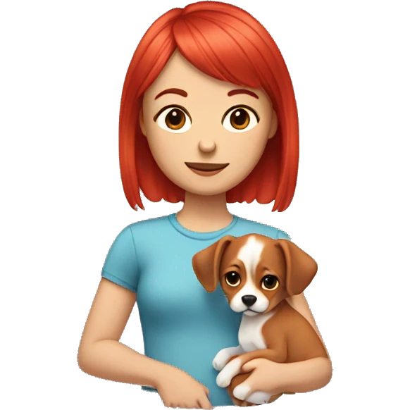 person with a red pixie and baby bangs, holding a puppy emoji