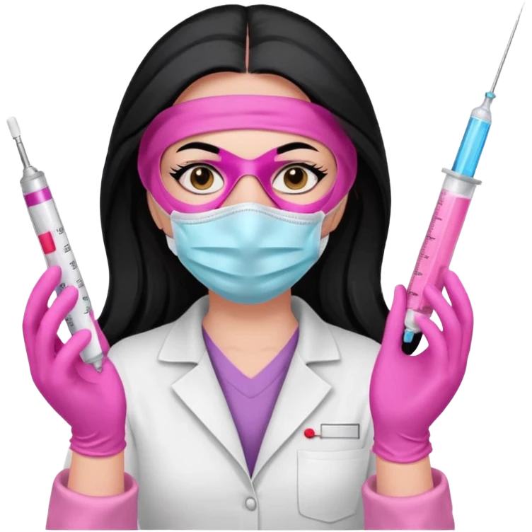 laboratorista con guantes rosa y mascarilla rosa  jeringa tubos  pelo negro largo triguella sin lentes pelo lacio negro y largo  emoji