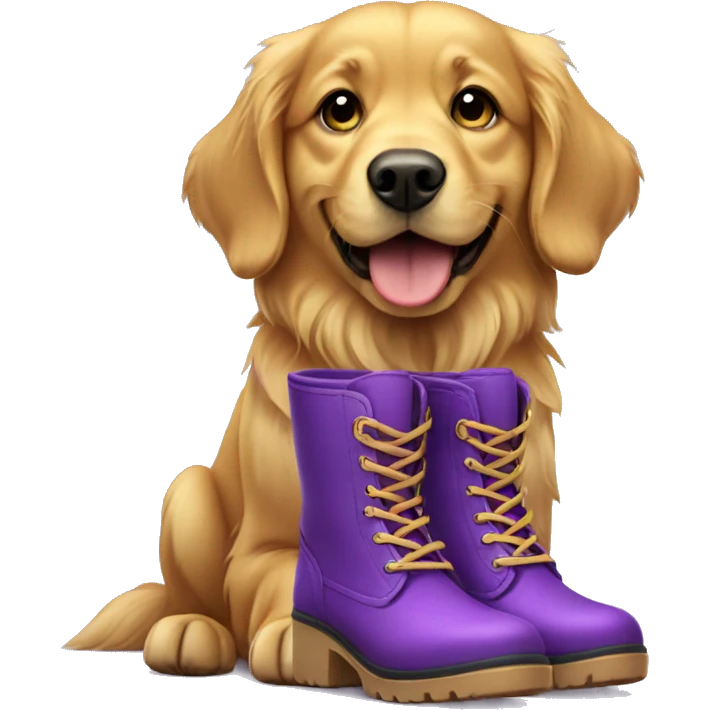 Golden retriever wearing purple boots emoji