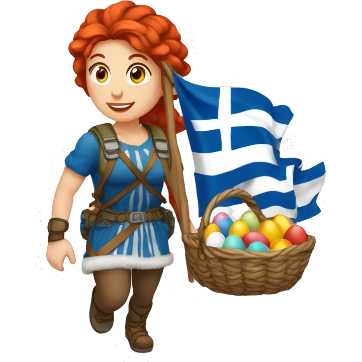 Greek Female winter mountaineer red hair white skin climbing with Greek Flag and Easter eggs basket emoji