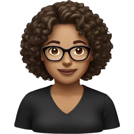A women with brown medium curly hair, light skinned, full cheeks, black shirt and black glasses reading  emoji