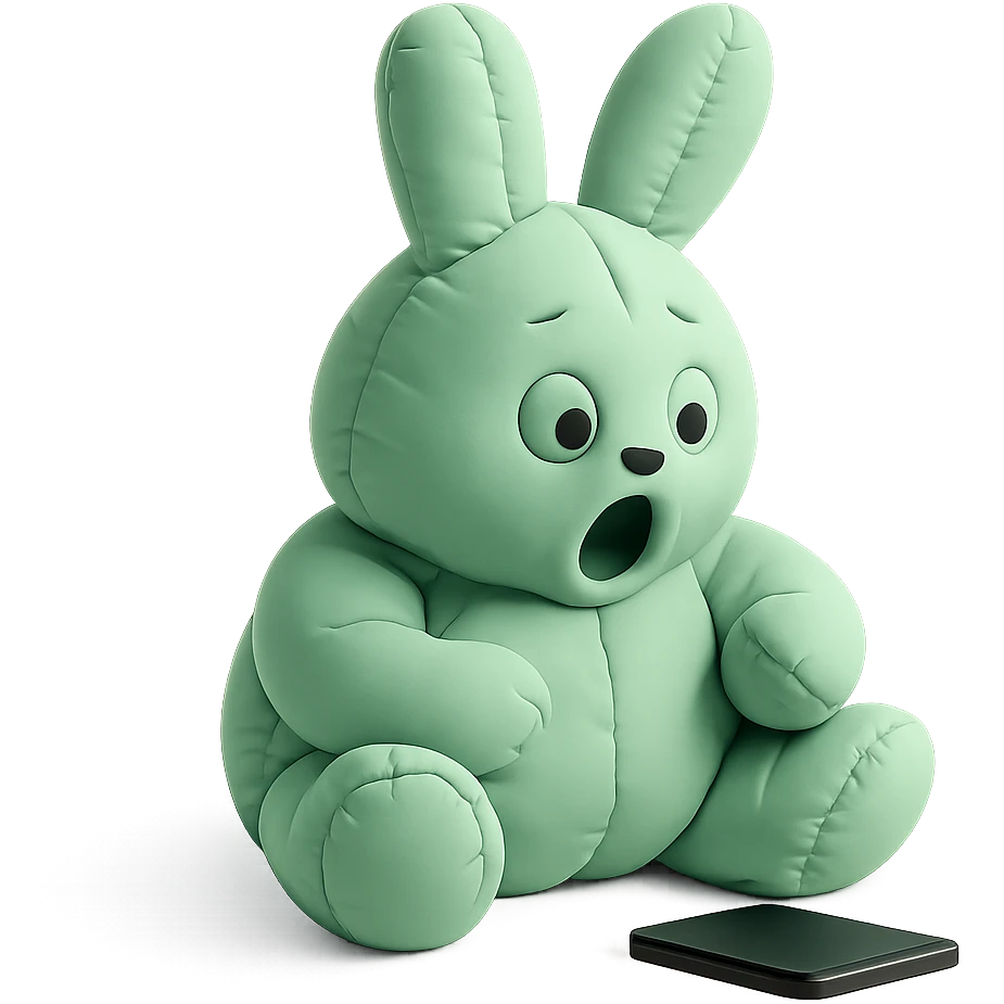mint bunny shocked looking at phone on ground, cushion style emoji