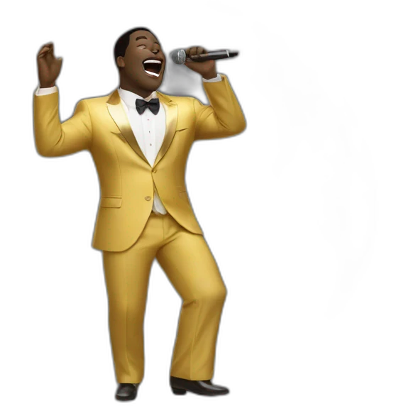 sam richardson in a gold suit singing into a microphone full body dancing fro hair emoji
