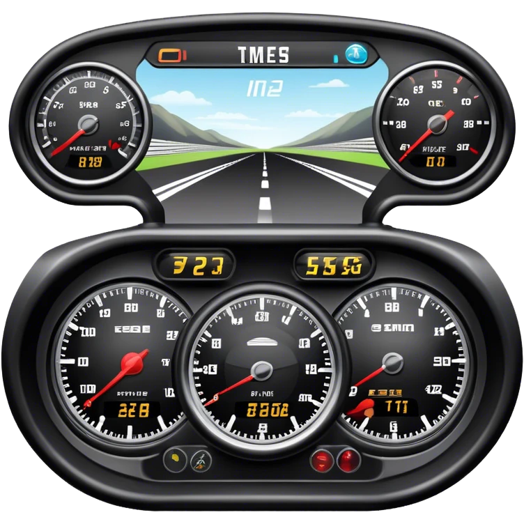 An icon showing a racing game interface, inspired by Grand Turismo. The design features a garage with a selection of high-performance cars, along with race track visuals in the background. Speedometer, lap timer, and other HUD elements add to the excitement. Transparent background emoji