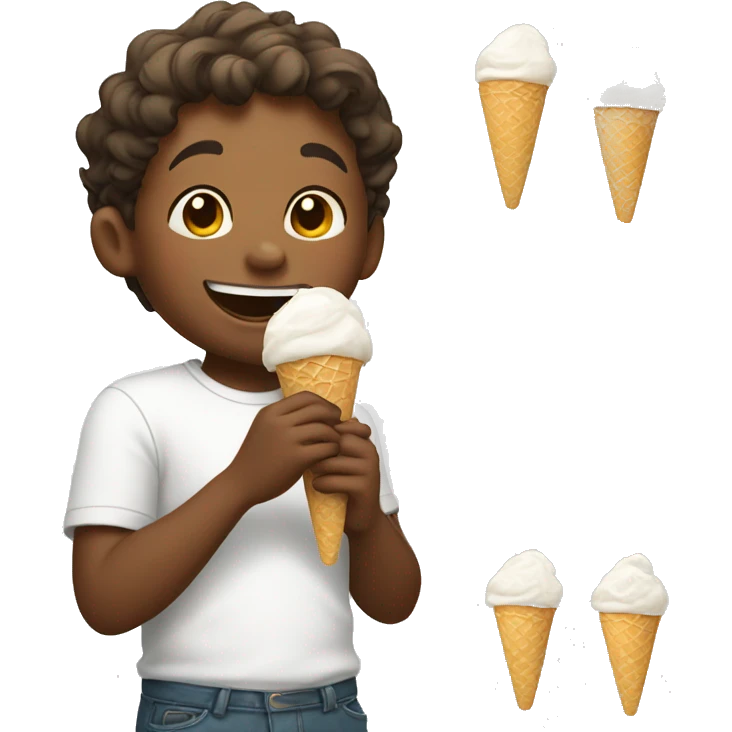 smiling boy in white shirt eating ice cream emoji