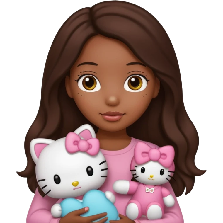 black girl with long brown hair, holding a hello kitty plushie  emoji