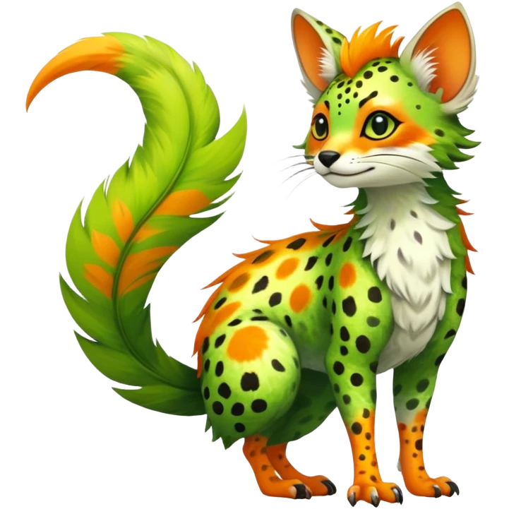 Feral Rare Fantasy vibrant tropical Vernid-Trico-species by LiLaiRa, random markings, tufted tail, tufted ears, full body emoji
