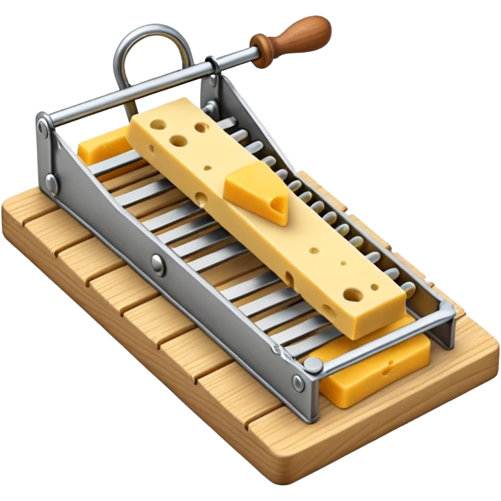 A 3D emoji in iOS emoji aesthetic style of a classic mousetrap with a wooden base and a metal spring mechanism, holding a small piece of yellow cheese, clean and detailed design, white background, glossy Apple-style rendering emoji
