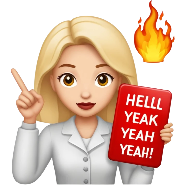 Mimi holding a sign that says “hell yeah” emoji