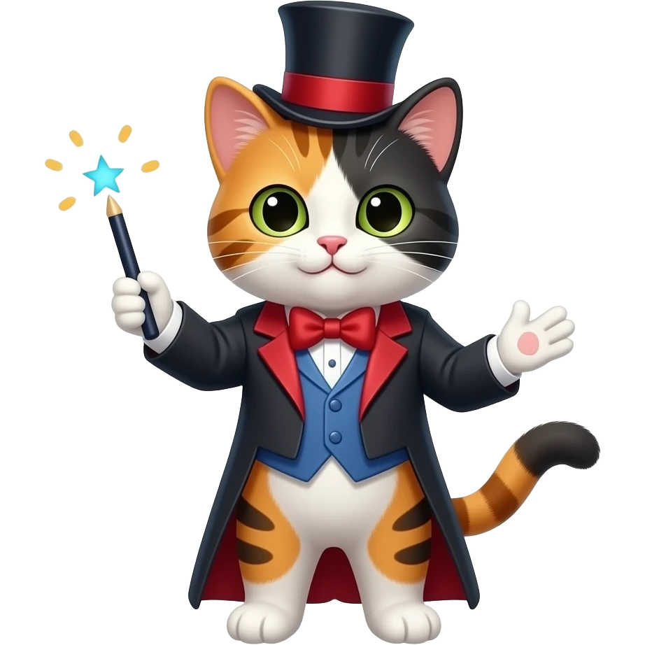 hazme a un gato tricolor haciendo un truco de magia con la vestimenta de mago emoji
