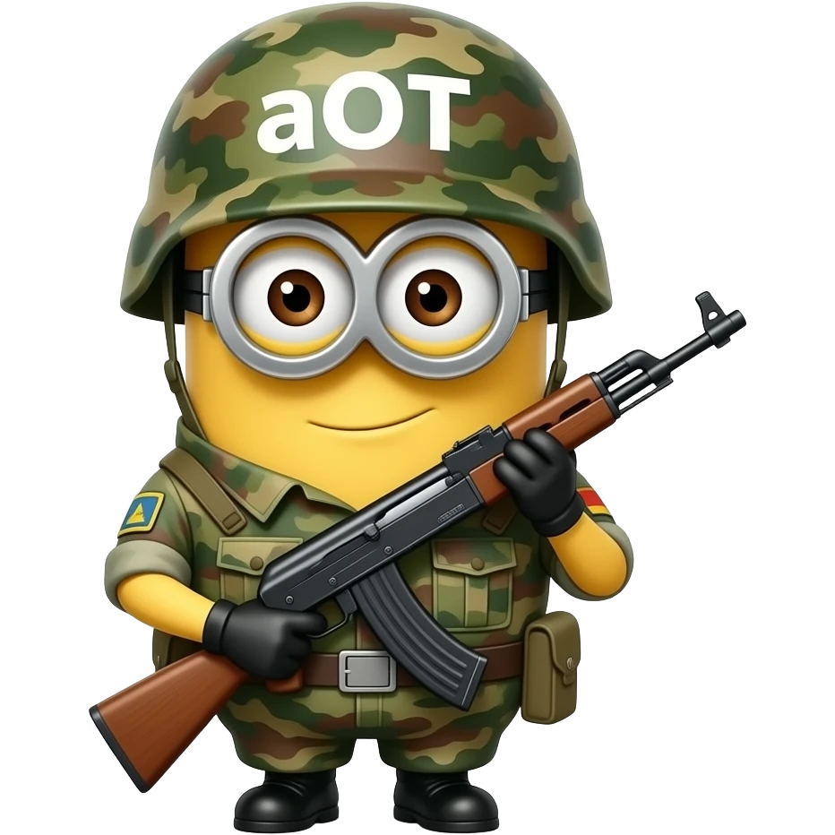 Minion in army uniform and rifle  at attention on guard duty text on helmet aOT emoji
