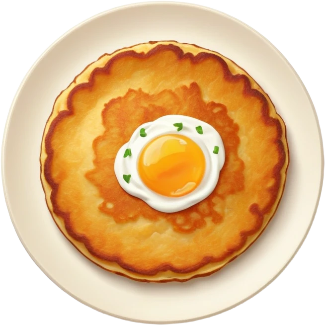 traditional Eastern European potato pancake (draniki), golden-brown, crispy edges, soft center, round and rustic with visible shredded potato texture, small dollop of sour cream on top, clean minimal expressive emoji