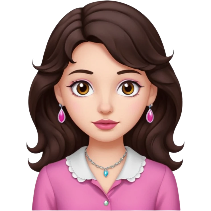 garota branquinha com olhos grandes castanho escuro e cabelo ondulado castanho bem escuro blusa rosinha coquette e piercing do ladinho do nariz  emoji