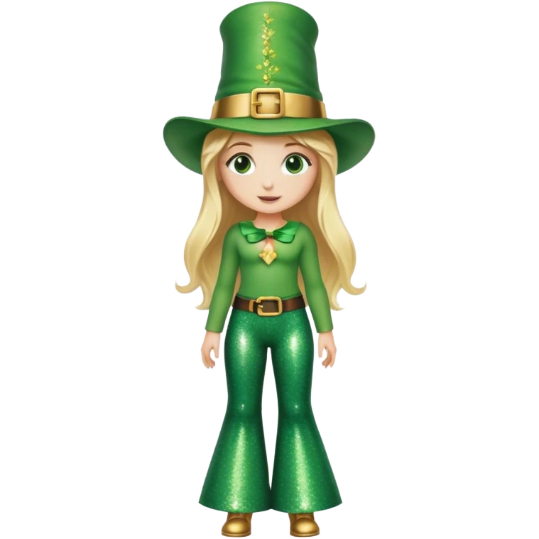 Blonde haired girl in glittery green bell bottoms and tall leprechaun hat emoji