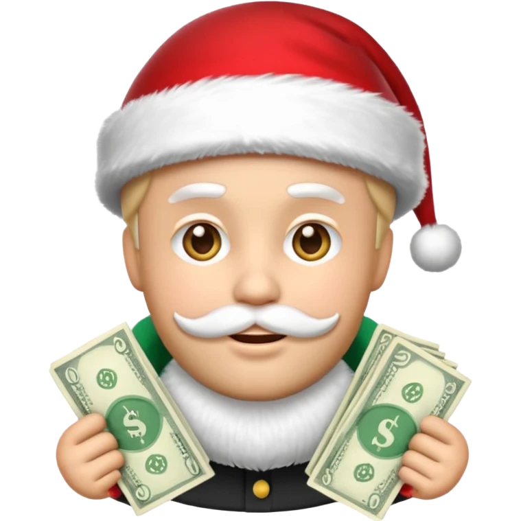 A confident rich emoji face wearing a Santa hat, money stacks, casino vibe, New Year theme, premium 3D emoji style, sharp details, no text, isolated on transparent background emoji