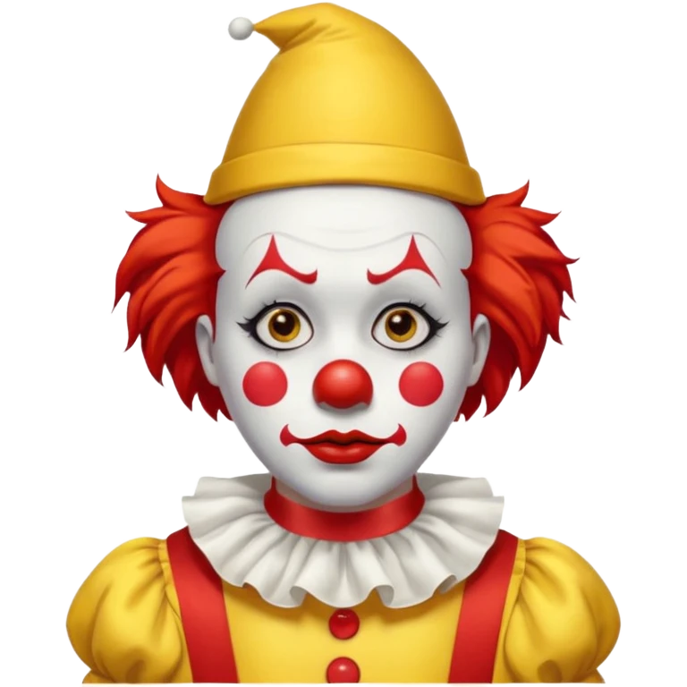 Yellow pointed hat with a red tip.

Red hair sticking out on the sides.

White face paint with black eyebrows, red nose, and red lips.

Wearing a yellow clown costume with red buttons.

Sad, concerned expression. emoji