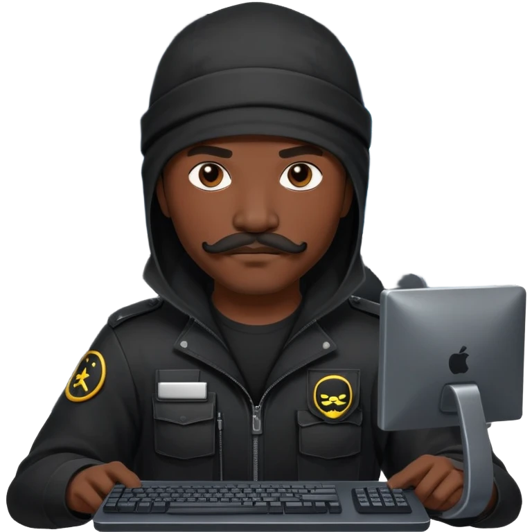 african-american web developer mustache mercenary black asymmetrical ninja hacker terminal command center emoji