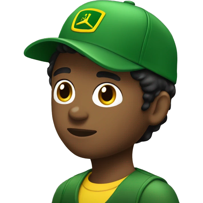 Black haired white boy with green and yellow John Deere cap on his head and brown eyes  emoji