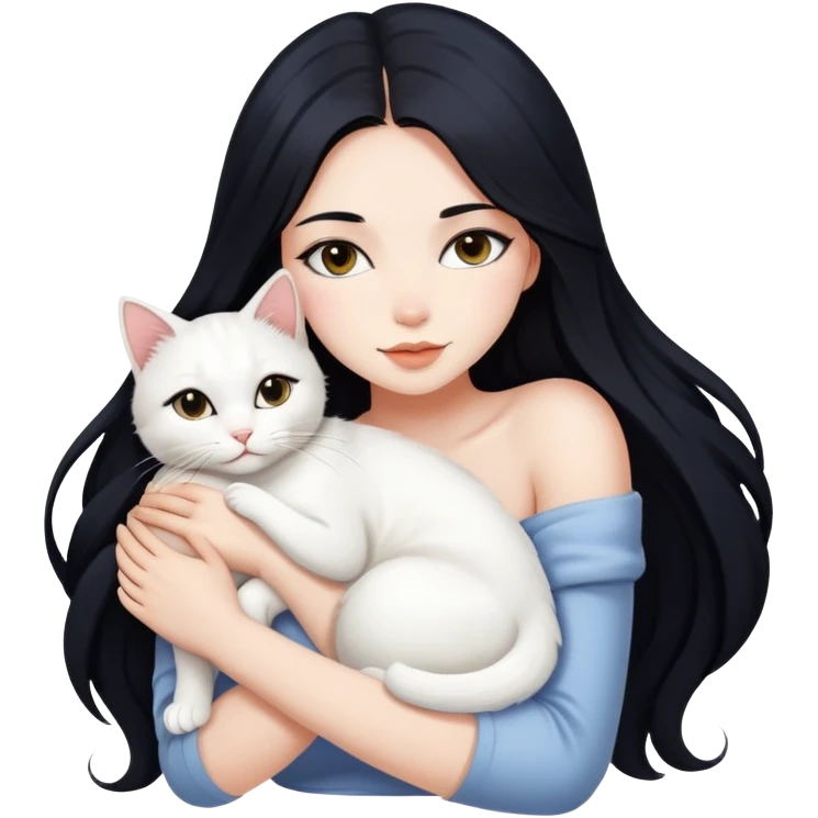 Beautiful sexy girl with long black hair hugs a white cat emoji