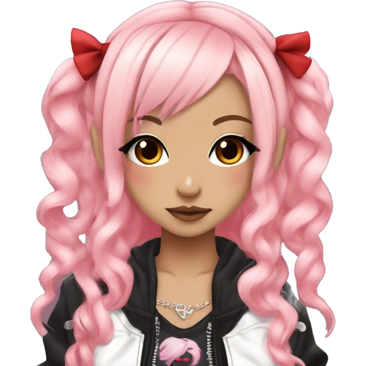 hime gyaru girl, light pink and red split-dyed hair, dark makeup, punk clothes emoji