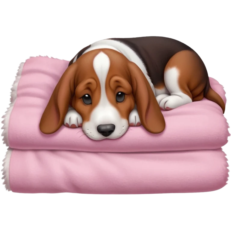 A baby basset hound sleeping on a baby pink blanket  emoji