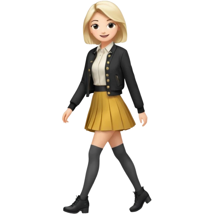 a fashionable gen Z woman, walking confidently with a skirt and stylish tights emoji
