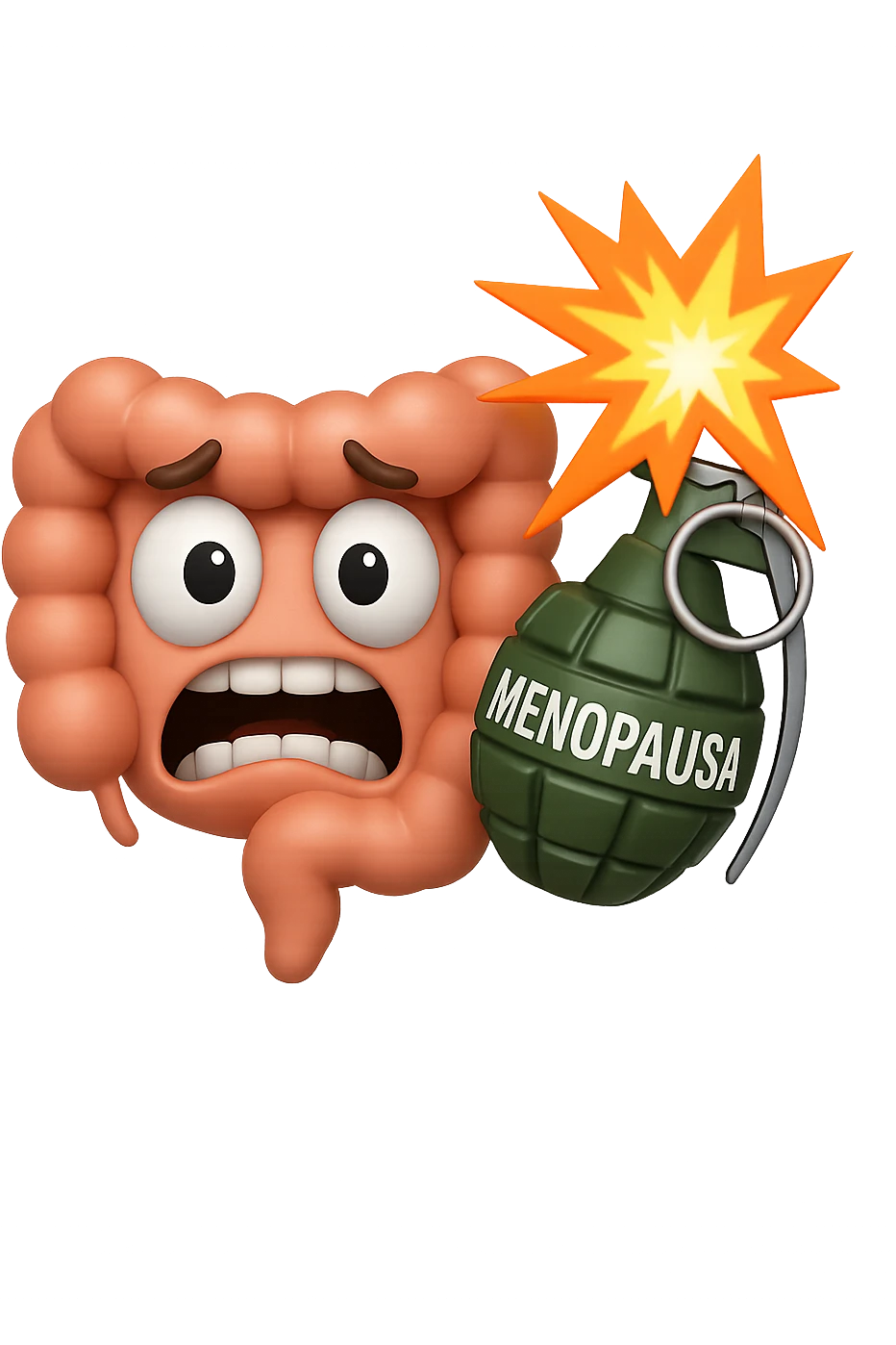 EMOJI STILE IPHONE 3D DI INTESTINO 3D CON ESPRESSIONE SPAVENTATA IN VOLTO MENTRE ACCANTO A LUI SCOPPIA UNA GRANATA 3D CON LA SCRITTA "MENOPAUSA" SOPRA, FAGLI ANCHE LA PARTE BIANCA DEGLI OCCHI, NON SOLO LA PUPILLA emoji