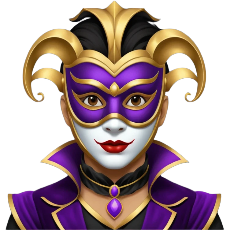 masked circus acrobat portrait, head and shoulders only, elegant carnival mask, dark outfit collar, dramatic expression, 3D cartoon, mobile game icon style, clean background, no text, no watermark
 
 emoji