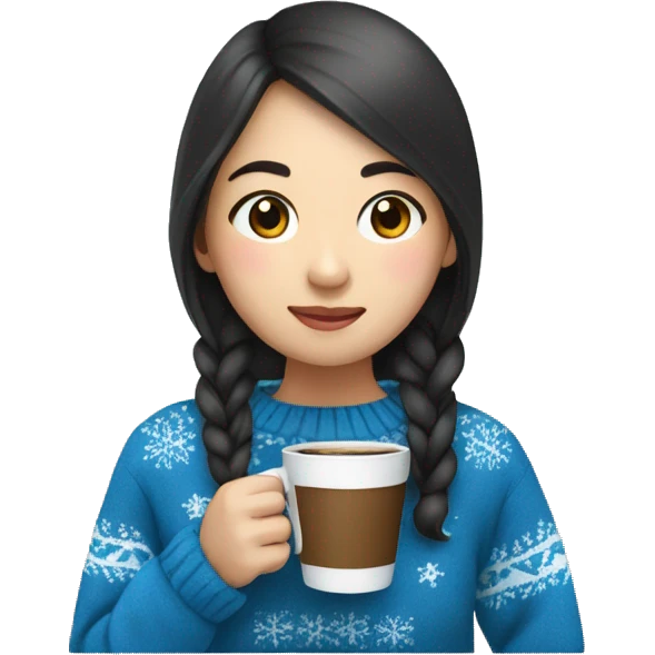 Asian girl drinking coffee wearing blue Christmas sweater emoji