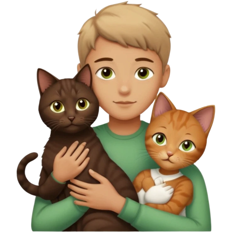 Crea un emoji donde salga un chico moreno con los ojos claros, una chica morena con los ojos marrones y un gato europeo comun de pelaje oscuro y ojos verde claro, quiero que se esten abrazando y el gato este en el medio de los dos emoji