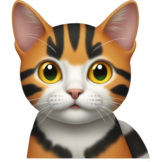 a cat with green eyes and orange, black, and white spots and a cat with orange stripes with yellow eyes.  emoji