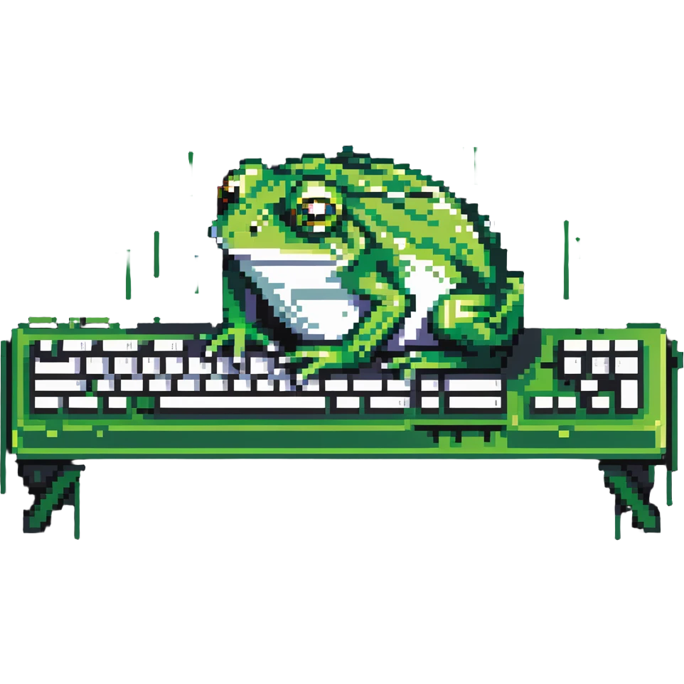 Very sad Pepe the frog meme character coding on computer, tears in eyes, depressed green frog hunched over keyboard, feeling overwhelmed with code emoji
