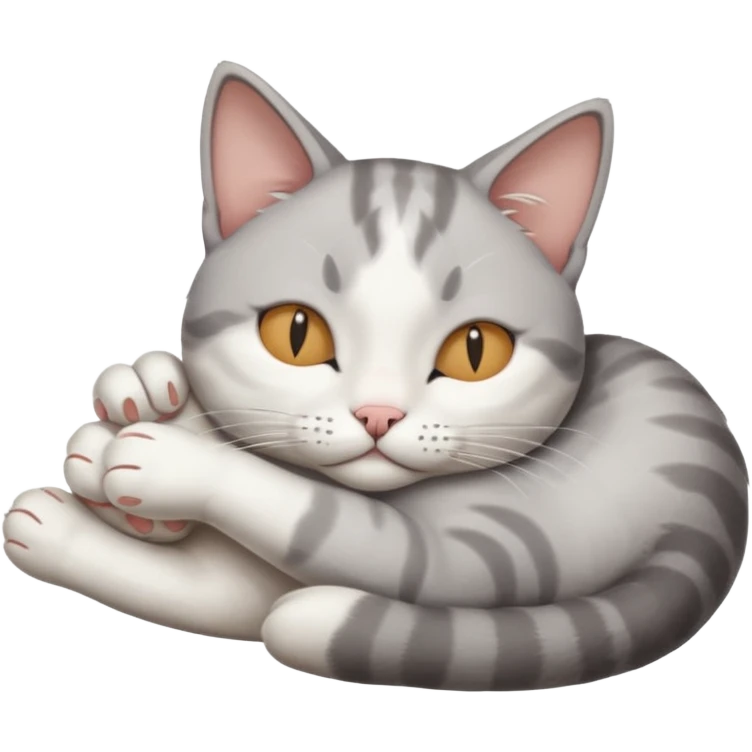 grey and white small cat with its eyes closed lying down with its paw holding up his head emoji