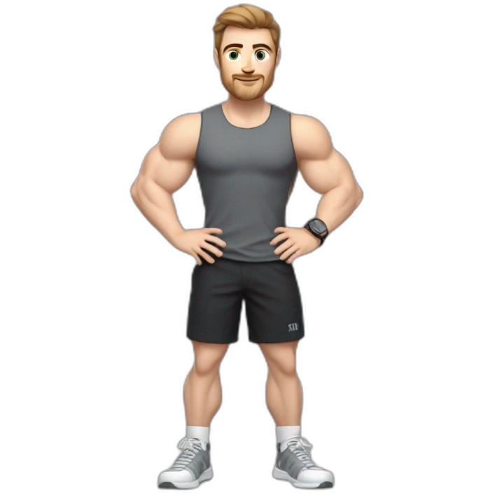 Close up Actively gesturing  with hands Pale skinned Fit Man With the biceps and brown hair in dark gray Sleeveless Mike, black oversize sports shorts, watch and white Sneakers emoji