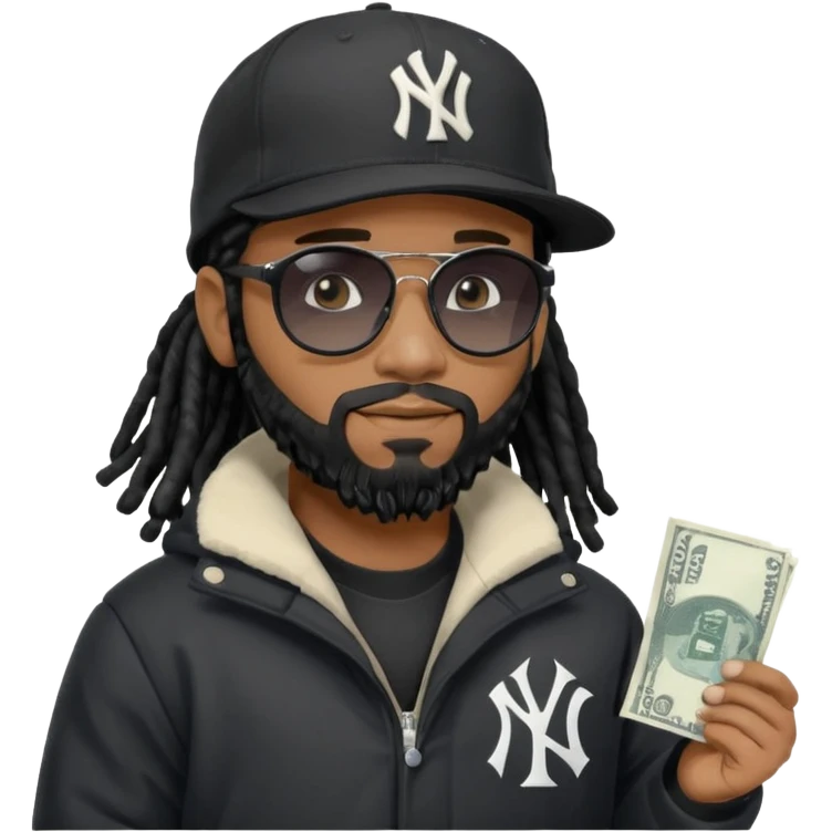 African American man with shoulder length black dreadlocks with black beard wearing black sunglasses wearing a black New York Yankees logo baseball Cap wearing a black bubble winter coat give away money emoji