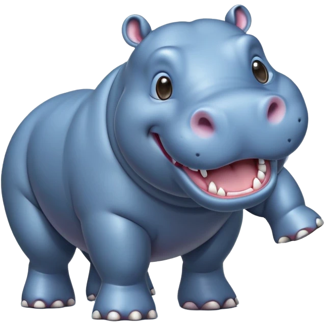 cinematic-hippo-realistic-full-body-side-view-standing-on-all-fours-emoji,-massive-round-frame,-wide-mouthed-grin-exposing-huge-teeth,-head-tilted-dramatically,-thick-greyish blue-hide-glossy, big cute eyes emoji