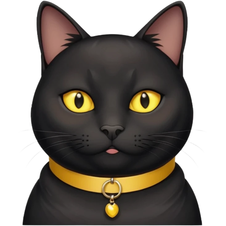 Un gato negro gordito con los ojos de color amarillos sentado con un collar que diga: waina michi emoji