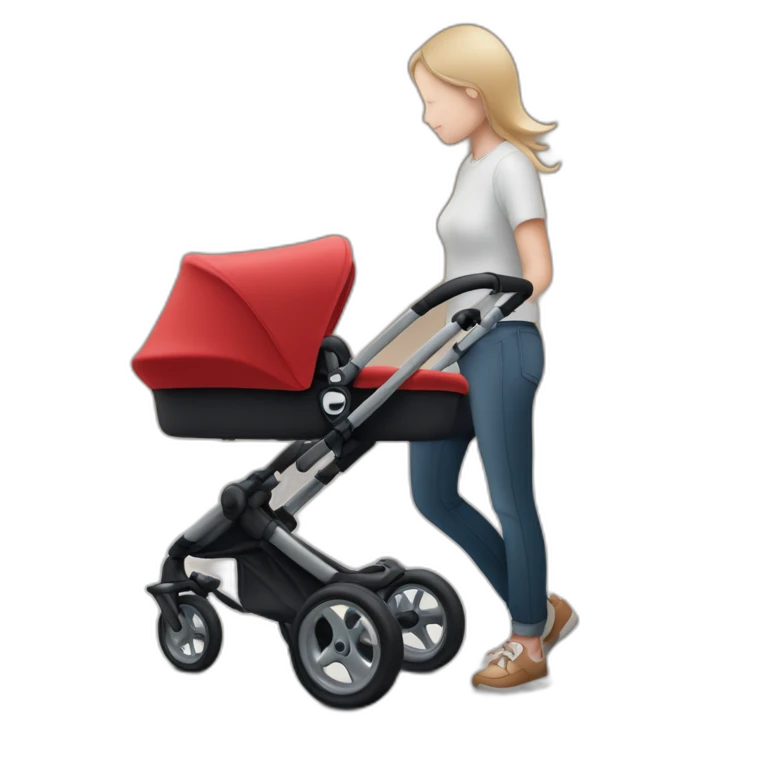 Une fille avec un bébé en poussette bugaboo rouge emoji