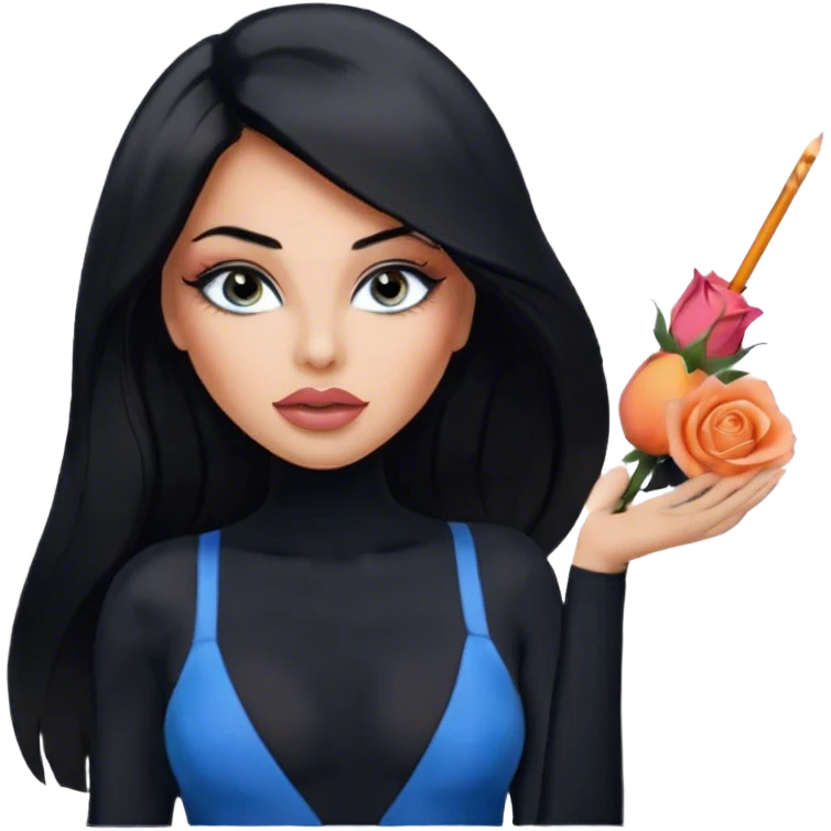 Glamours, tanned, very beautiful girl, with big pump peach-beige-rose lips, eyeliner, long long lashes, black straight smooth silky long hair, straight parting hair, blue-grey eyes, in totally black bodysuit  emoji