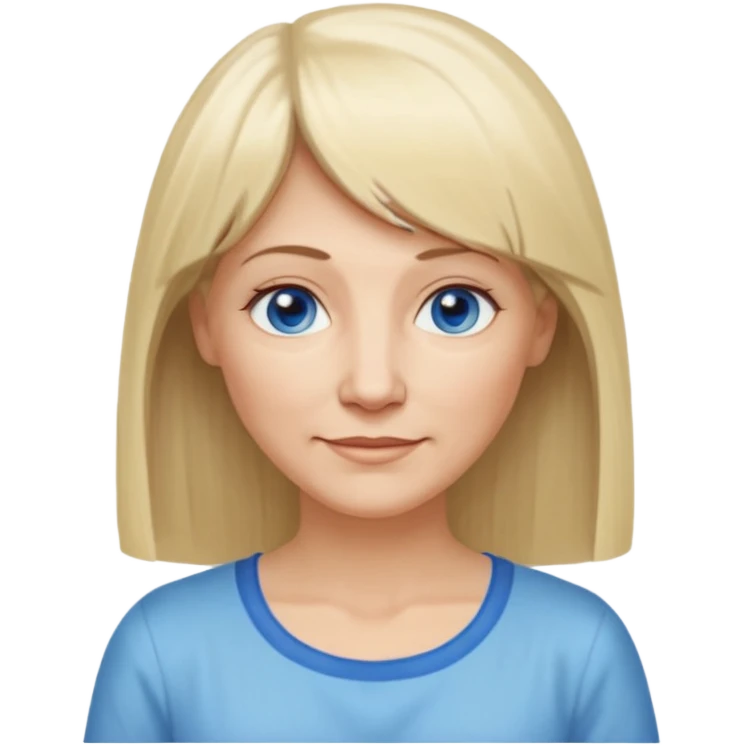 50 yr old white woman, hippie part short bangs, very long straight blond hair, oval face, small smile, blue eyes, thin face, hair downback, hair parted at center of head, round cheeks, pale, longer hair, white shirt emoji