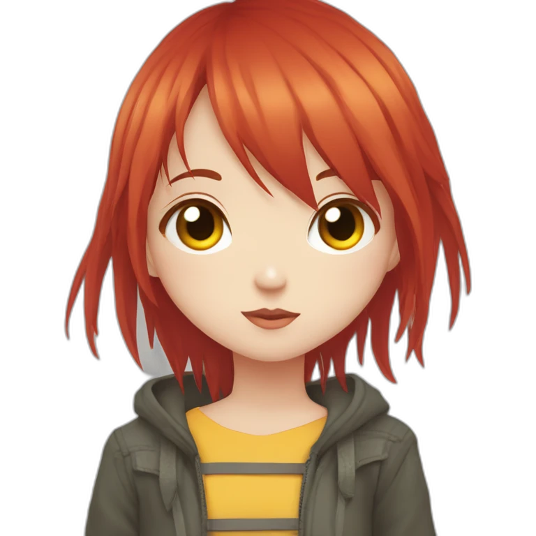 (gril) makima from the manga chainsawman with red hair fringe, yellow eyes with a circle inside emoji