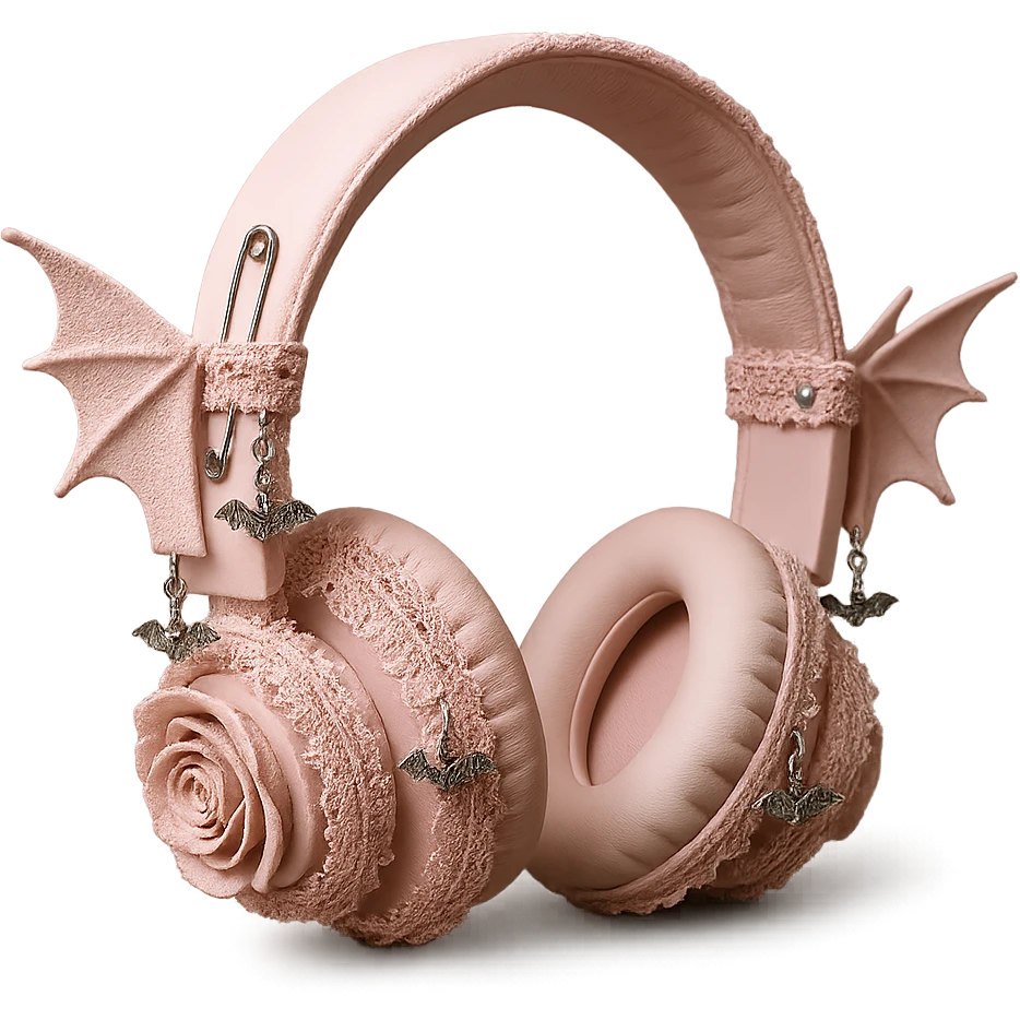 Add ornate lace, small bat wing charms, and a silver safety pin to the realistic pink gothic headphones with bat wing details, lace trim, and dark roses. Keep the background transparent. Maintain the realistic pink gothic style with lace and bat wing motifs. emoji