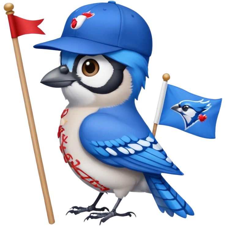 blue jay wearing blue jay baseball hat, holding flag with name Carolyn on flag emoji