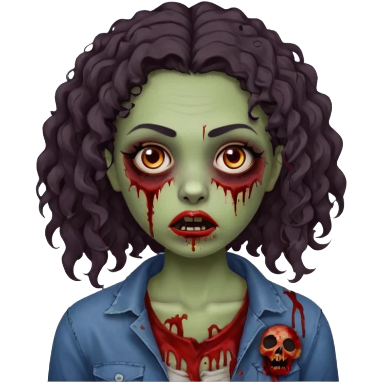 Create a zombie emoji inspired by a young woman with tanned skin, an oval face, large dark eyes, defined eyebrows, a small nose, and medium lips. Her hair should be long, curly, and dark.  emoji