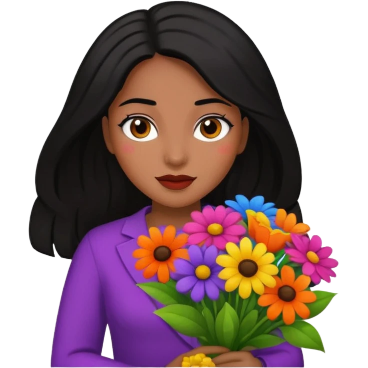black hair woman with big bouquet of flowers emoji
