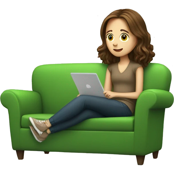 White Girl Brown hair watching iPad on a Green Couch emoji