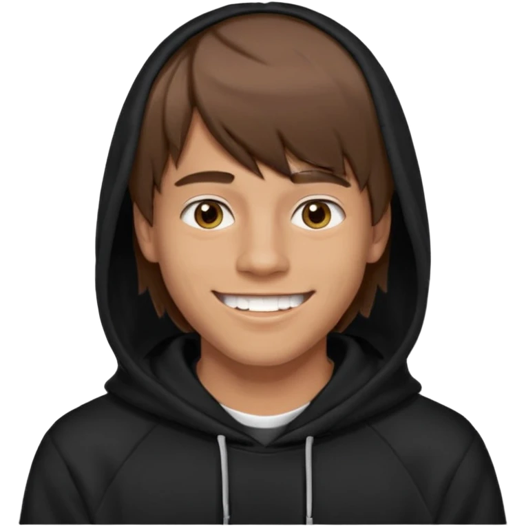 20 yr old man, brown hair, straight, big smile, white teeth, tanned skin, bangs, black hooded sweatshirt, long hair in back, middle parted bangs emoji